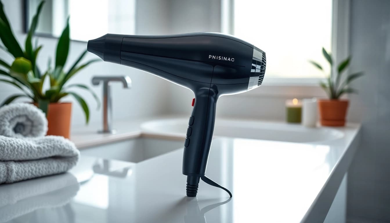 Ionic hair dryer featured in a bright bathroom setting, showcasing its sleek design and features.