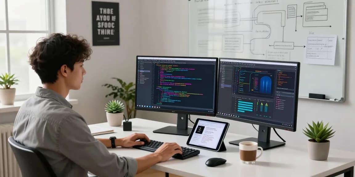 Dynamic tech workspace featuring crush ai programming setup, vibrant code on multiple monitors, and a collaborative environment.