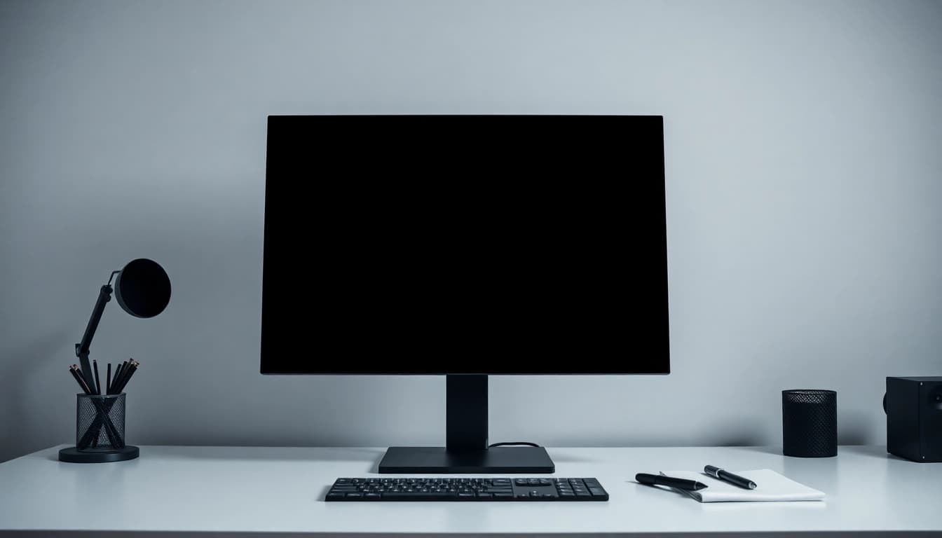 Displaying a pantalla negra on a modern monitor in a minimalist workspace for focus and productivity.