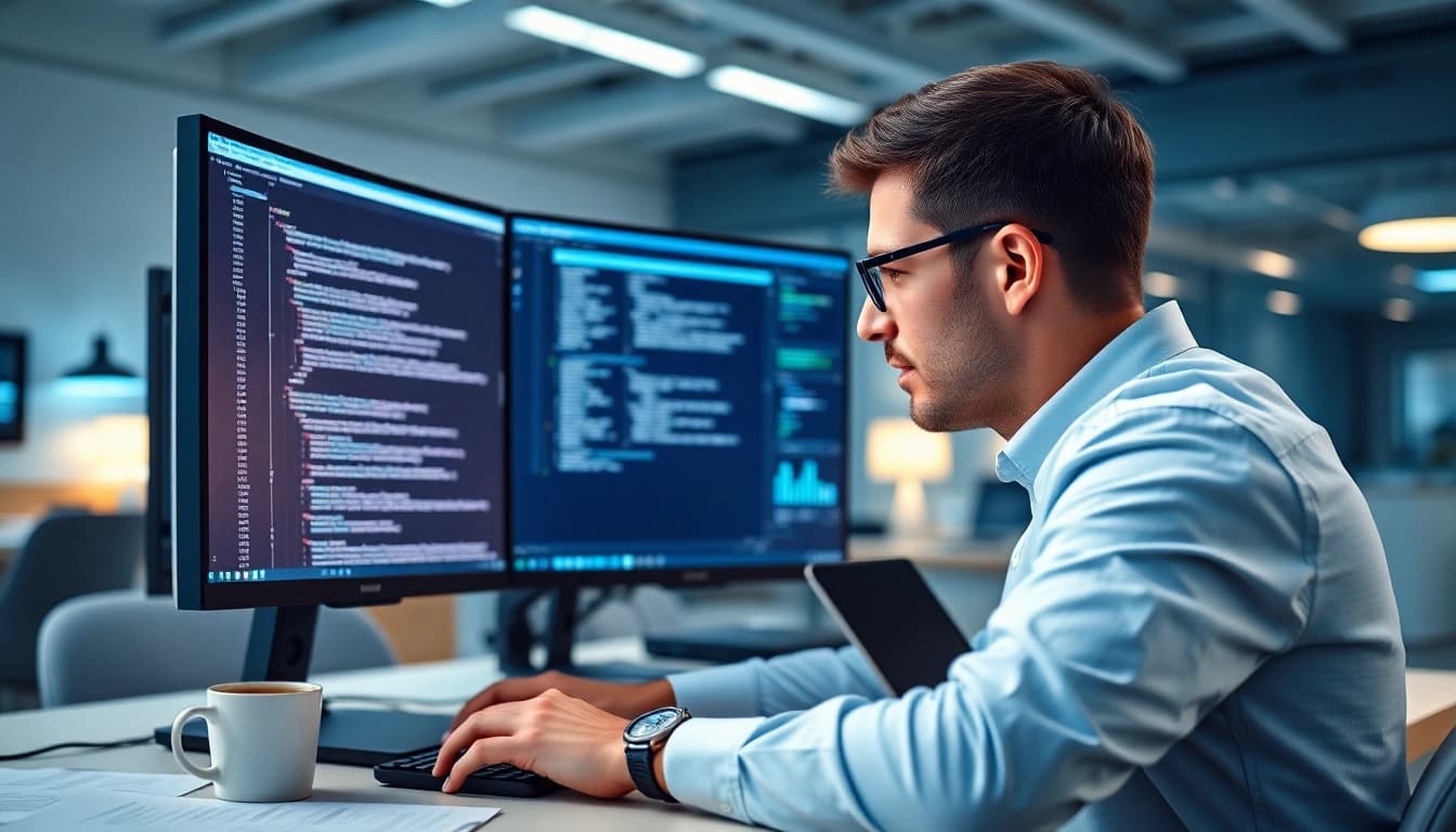Enhance IT compliance through PowerShell automation with a technician coding in a modern office.