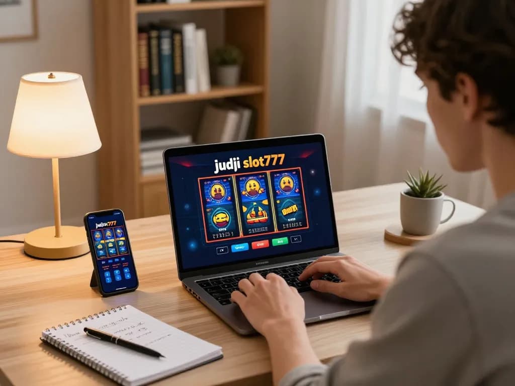 Engaging in judi slot777 on a laptop while following betting tips in a cozy home office.