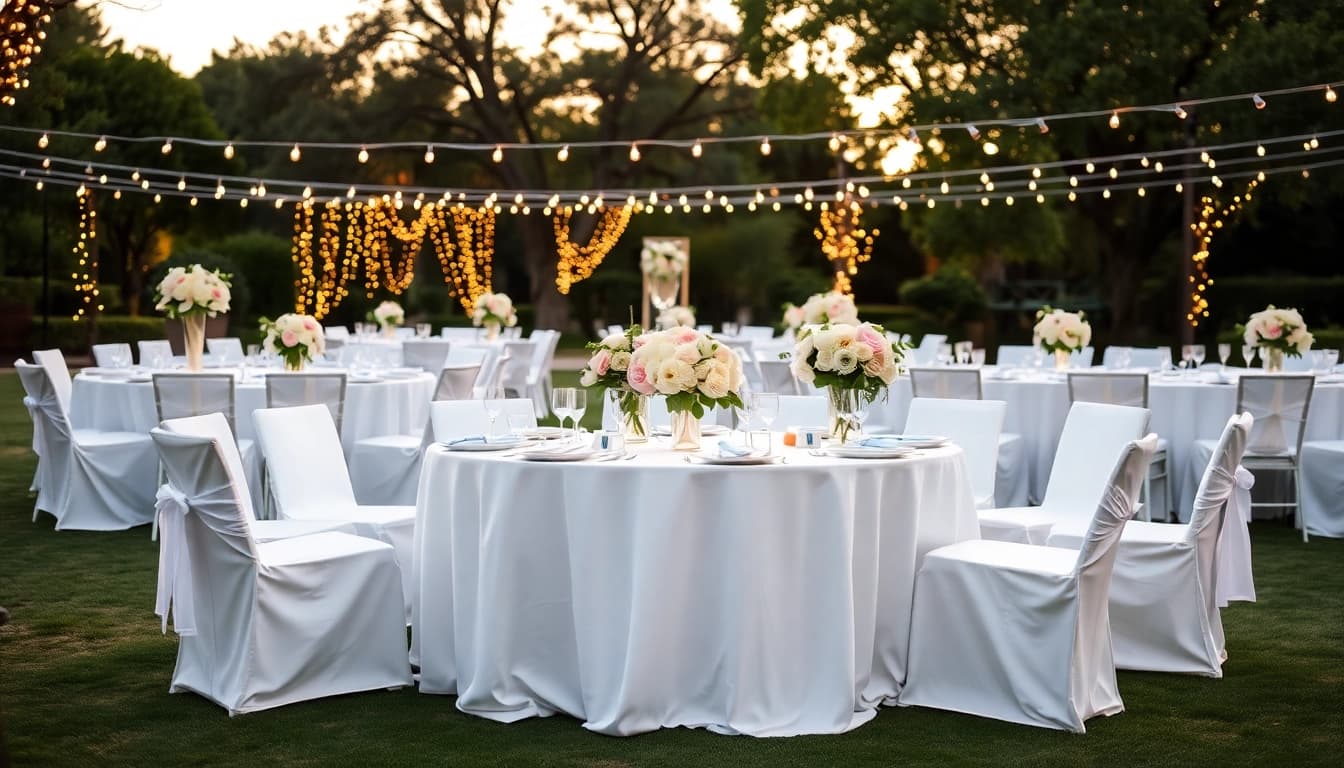 Captivating wedding & event rentals showcasing an elegant outdoor setup with lush flowers and soft lighting.