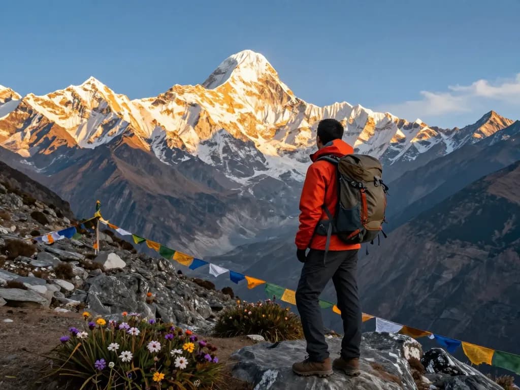 Annapurna Circuit trekking scene with a traveler at a mountain viewpoint, enjoying breathtaking Himalayan views at sunrise.