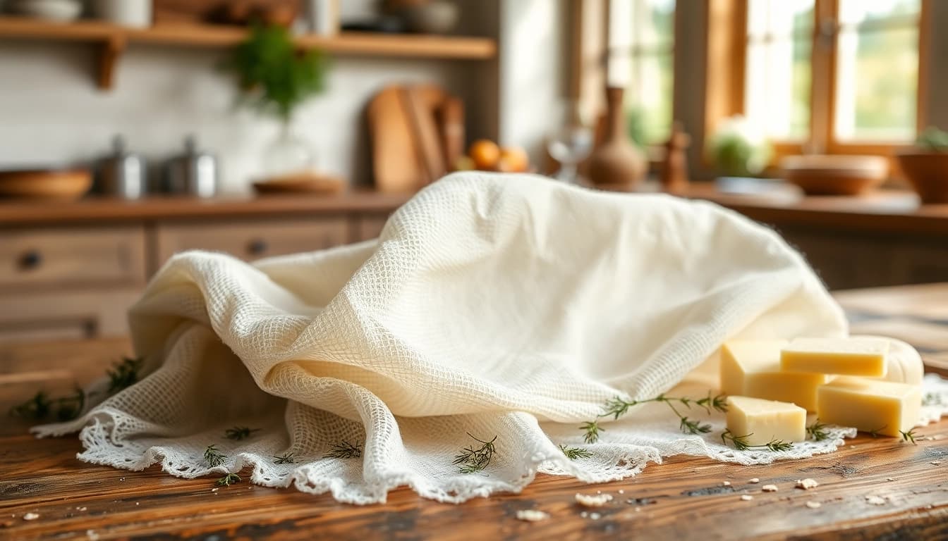 Gebruik van kaasdoek voor het maken van kaas, benadrukt in een rustieke keuken.