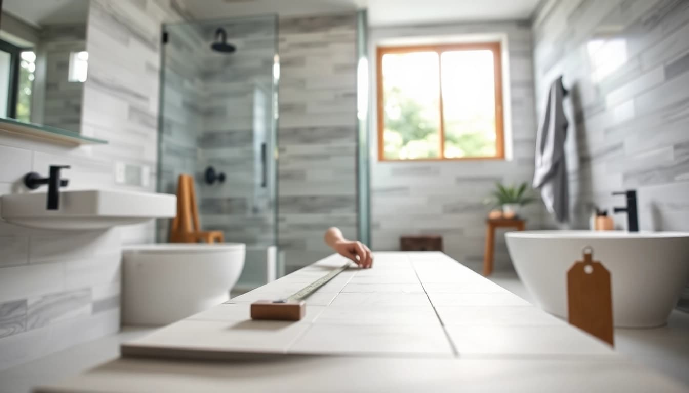 Skilled bathroom renovation contractors near me measuring tiles in a modern bathroom setup.