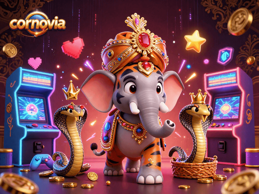 Cornovia highlights a vibrant casino scene with a maharaja tiger, elephant, and cobra showcasing gaming excitement.