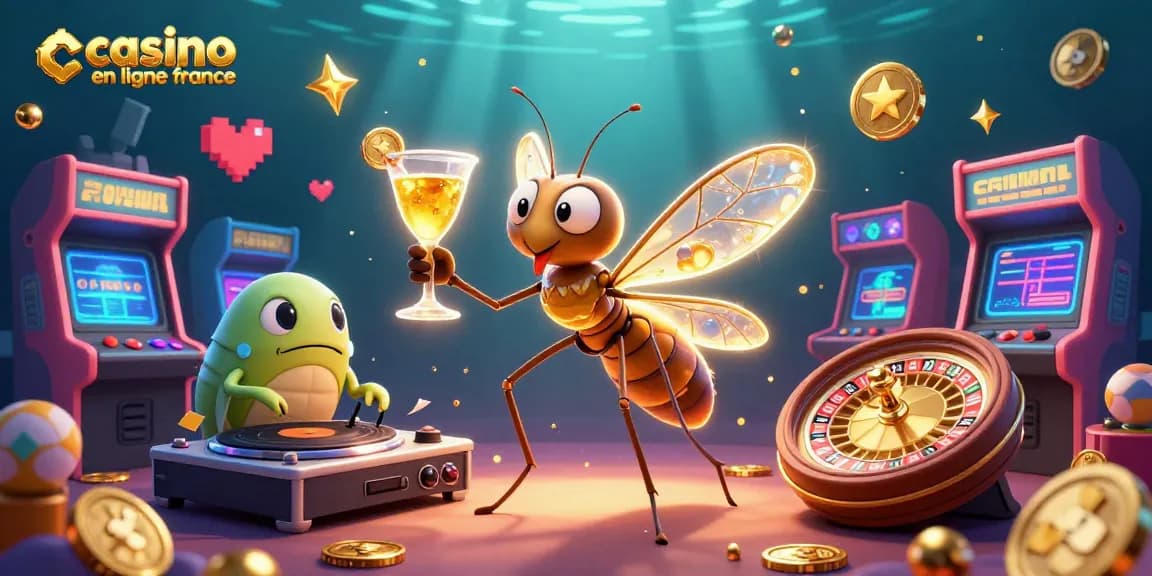 Plongez dans l'univers du casino en ligne France avec un insecte mascotte et un DJ préhistorique.
