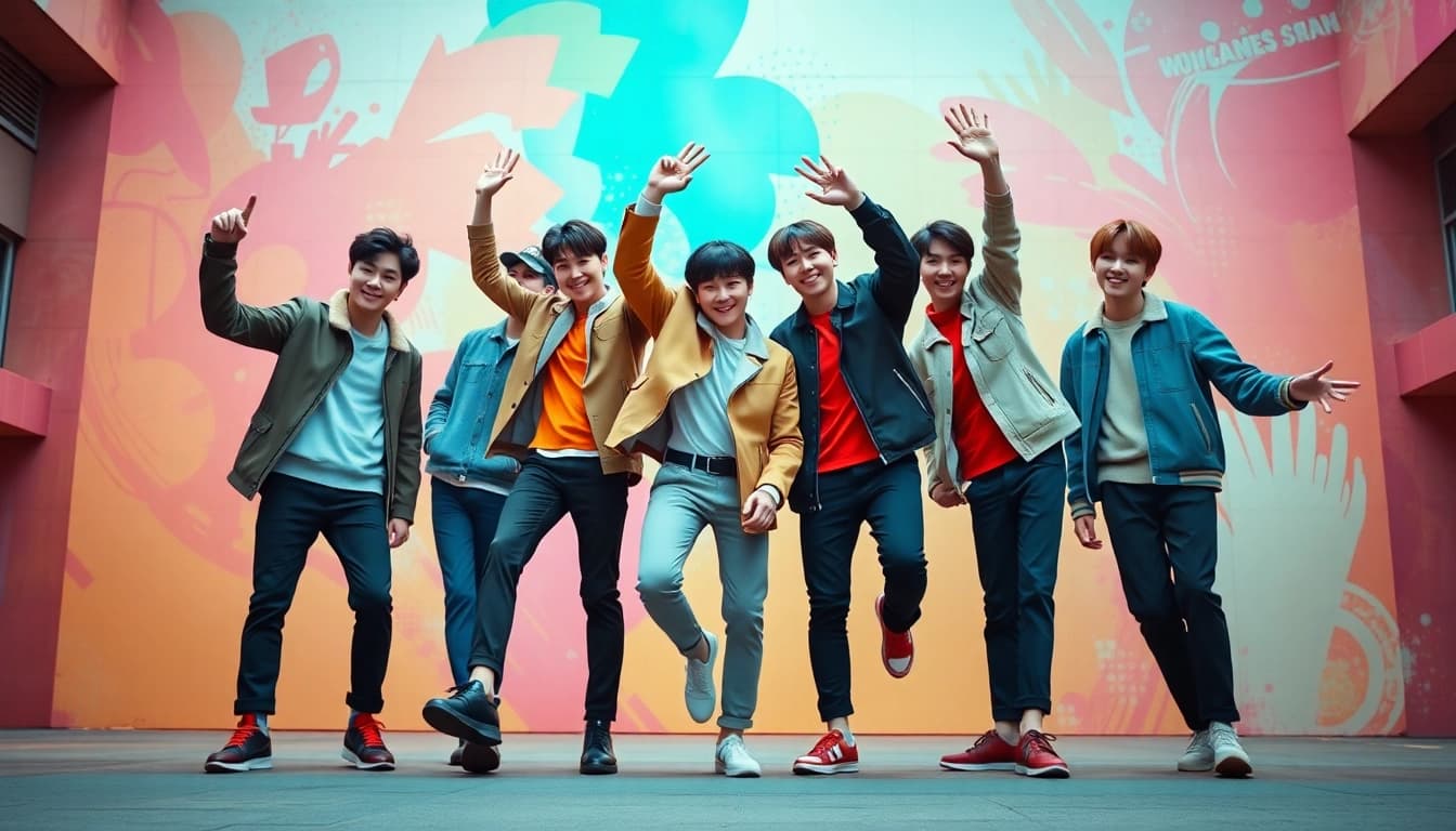 Cheerful bts members showcasing their unique styles and camaraderie in a vibrant setting.