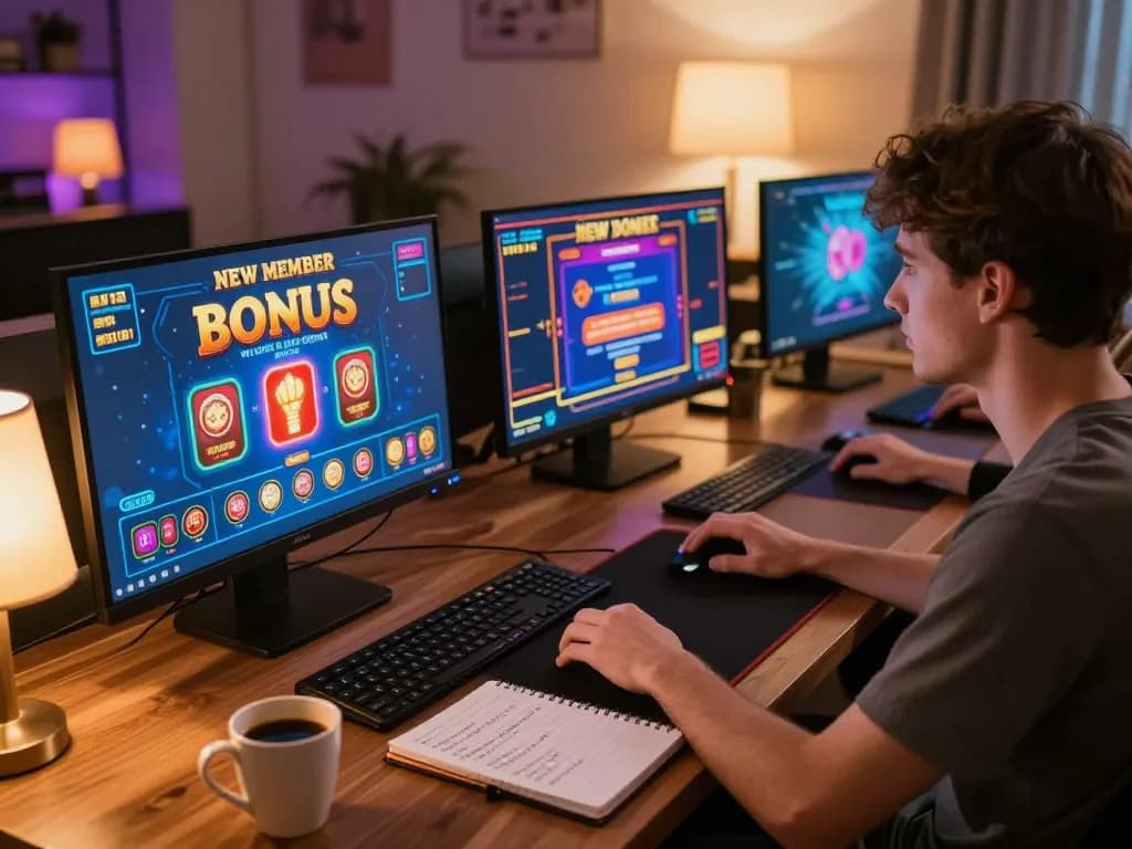 Engaging online gamer exploring bonus new member slots on multiple screens with strategic notes beside