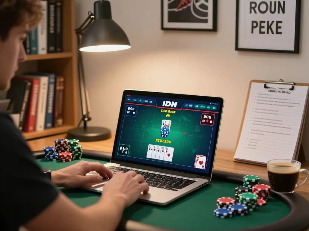 Pemain yang terlibat merumuskan strategi selama permainan IDN Poker yang hidup di laptop mereka di rumah.