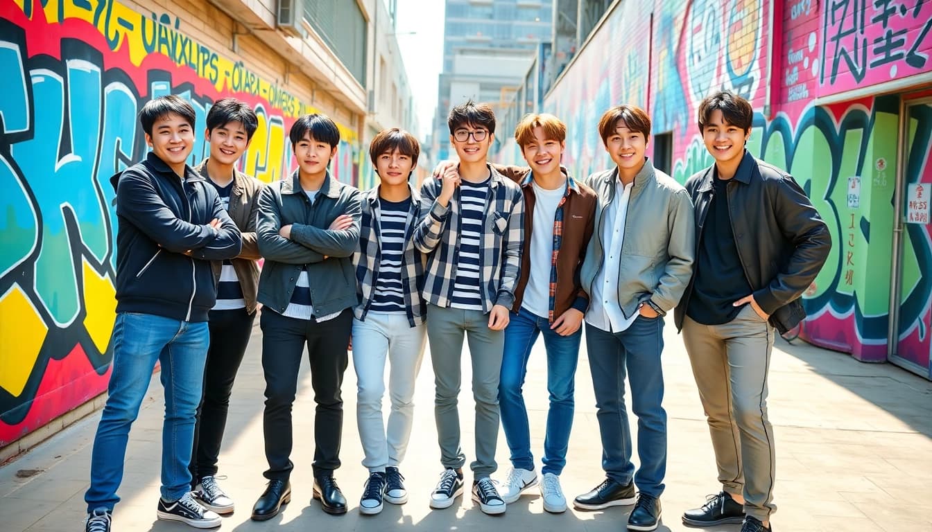 BTS members showcasing their personalities in a vibrant urban setting.