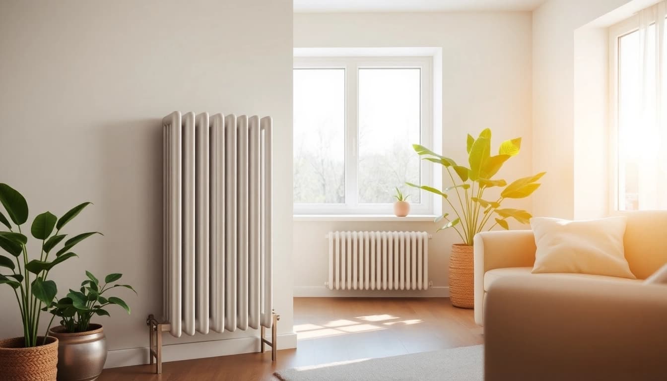 Heizkörper zeigt modernes Design in einem hellen Wohnzimmer mit sonnigem Fenster.
