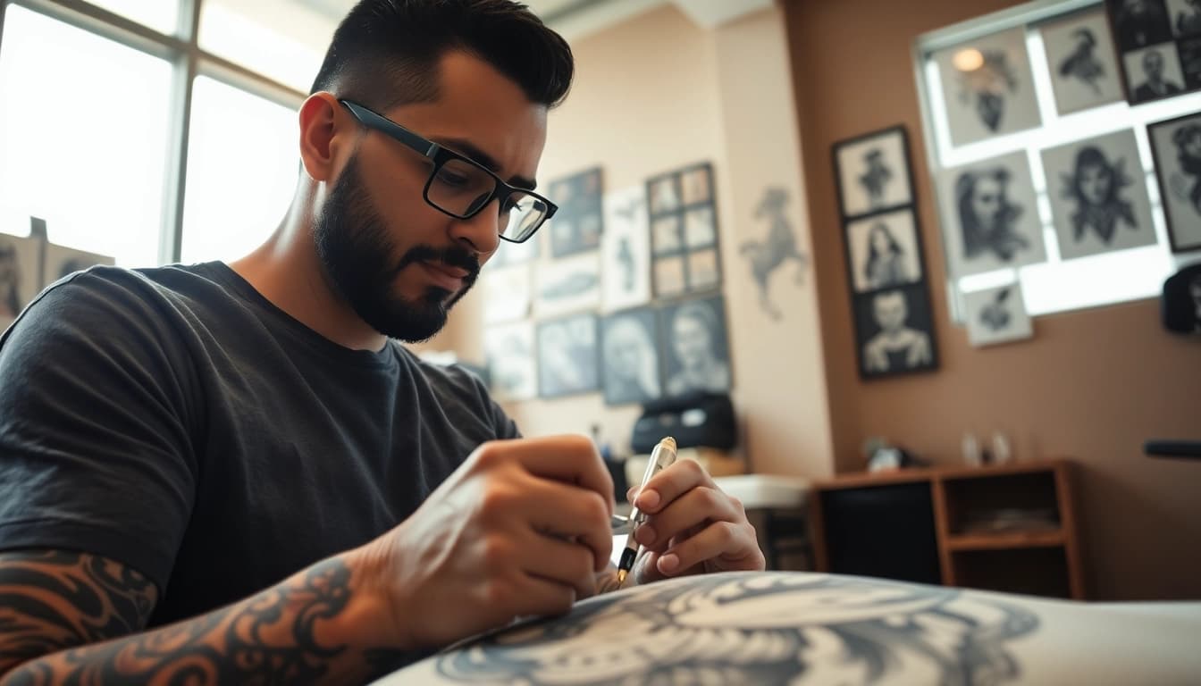 Jairoramirezart.com highlights tattoo artist Jairo Ramirez creating intricate black and grey tattoos in a modern studio.