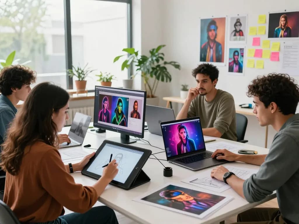 Creative team collaborating on AI porn concepts, showcasing digital art and brainstorming in a modern studio.