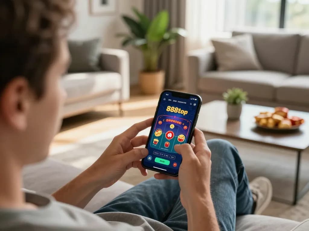 Player enjoying 888top casino app on smartphone from cozy home setting