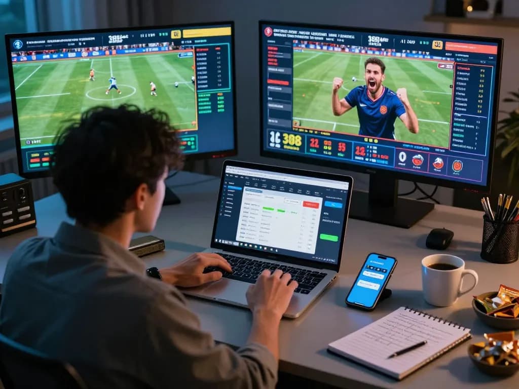 Engaged gambler using 388bet on laptop, checking betting odds in a lively home atmosphere.