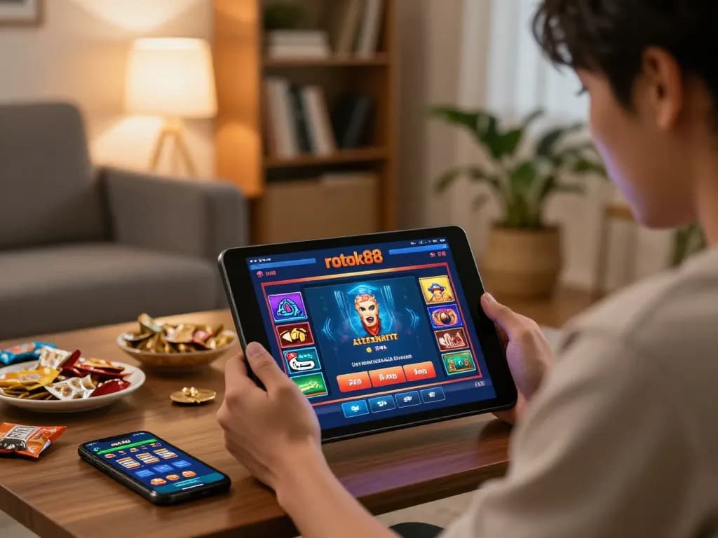Engaging home gaming scene using the rokok88 link alternatif casino app, showcasing vibrant tablet interface.