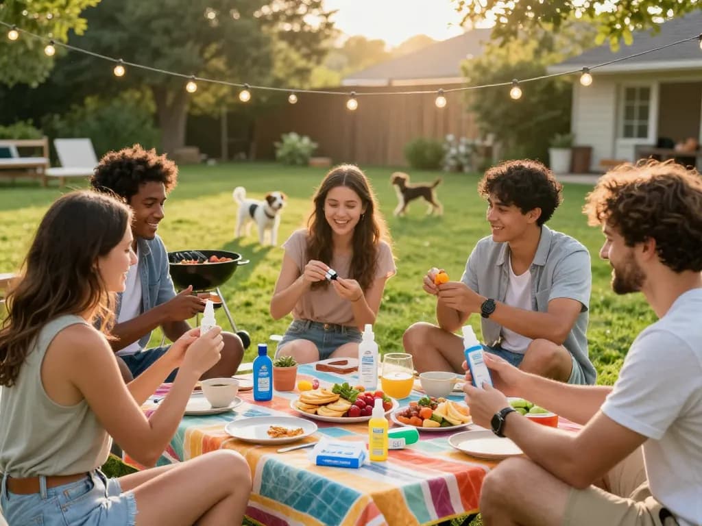 Friends applying mosquito repellent during summer barbecue, ensuring protection while enjoying outdoor fun.