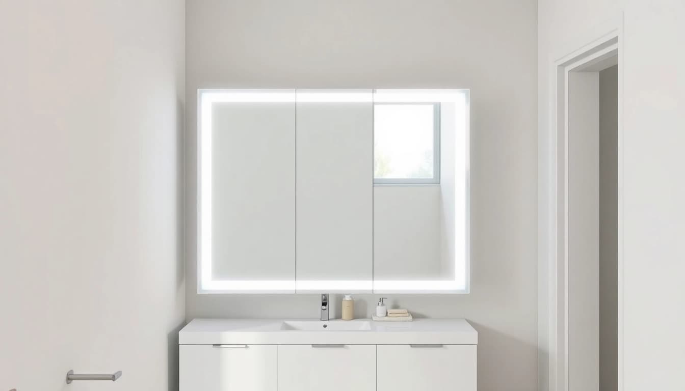 Highlighting a sleek led bathroom mirror Cabinet surrounded by tasteful decor.