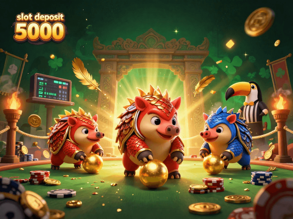 Spin golden rewards with slot deposit 5000 in a vibrant casino arena featuring rival pangolins.