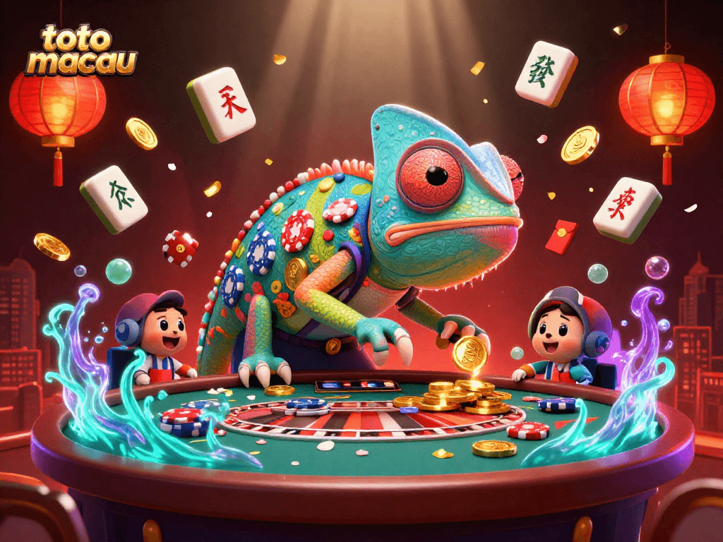 Experience thrilling gameplay with toto macau, featuring a vibrant chameleon casino owner surrounded by dazzling casino elements.