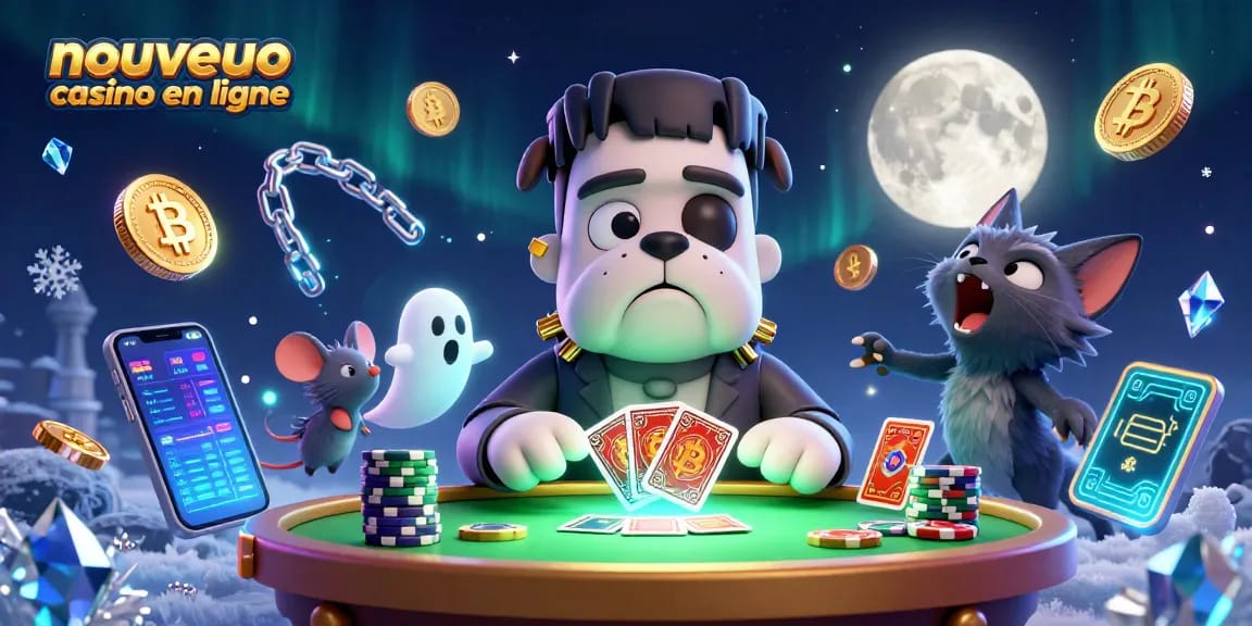 Explorez un nouveau casino en ligne avec un bulldog et un chat loups dans une scène de jeu animée.