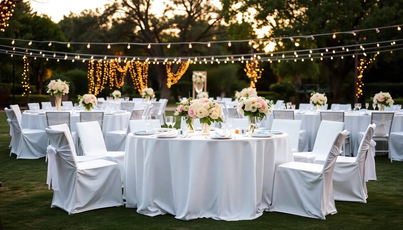Captivating wedding & event rentals showcasing an elegant outdoor setup with lush flowers and soft lighting.