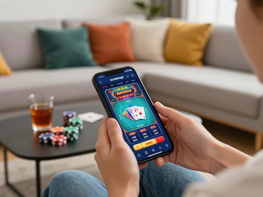 Playing sunwinapk app on smartphone in a cozy home environment, emphasizing strategic online gaming.