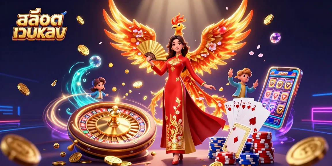 Experience exciting spins with สล็อตเว็บตรง, featuring a vibrant 3D scene of dynamic casino elements and characters.