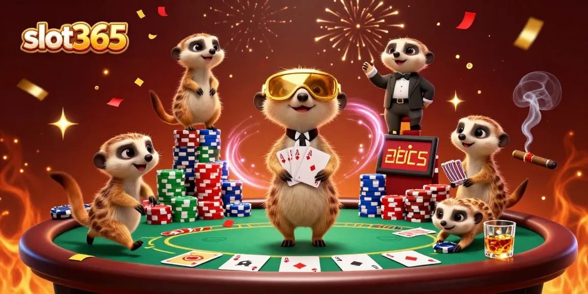 Engage in thrilling chip games at slot365, featuring cheerful meerkats in a bustling casino scene.