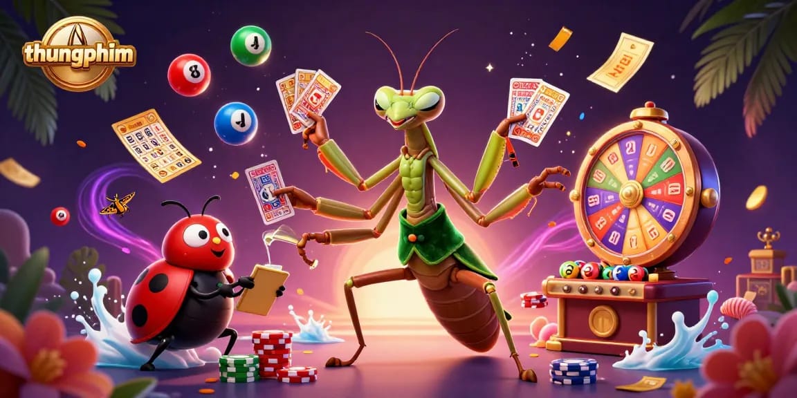 Engaging thungphim scene of playful characters amidst vibrant lottery elements at a lively casino.
