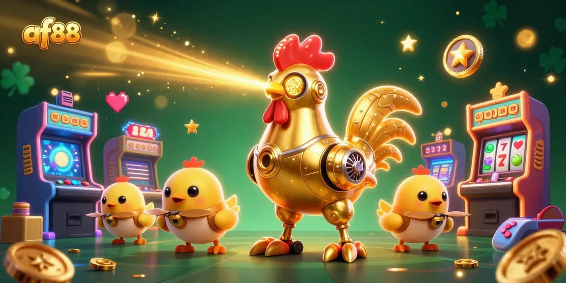 Engage in superb gaming at af88 with a golden rooster robot and its crew of drones amidst vibrant casino symbols.