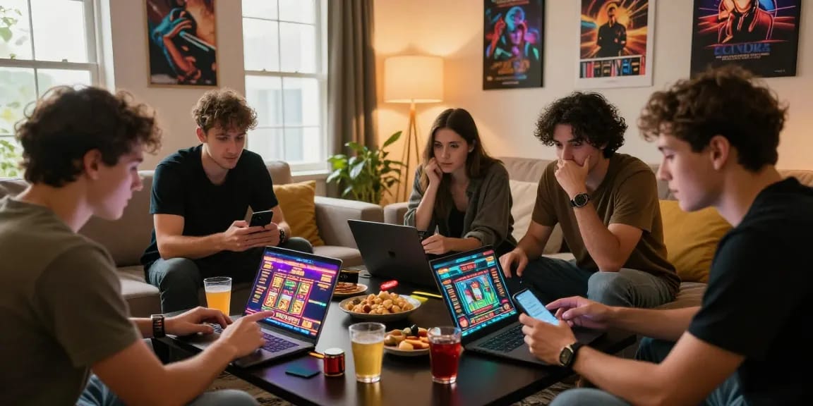 Friends enjoying online casinos that accept credit cards in a cozy living room, showcasing excitement and engagement.