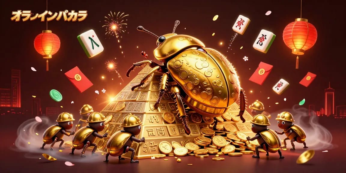 オンラインバカラでの勝利を目指す金色の甲虫とコインのバランスを取る場面