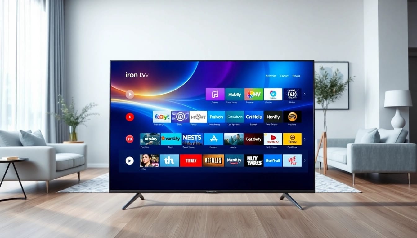 Showcase of iron tv's vibrant streaming interface in a stylish living room.
