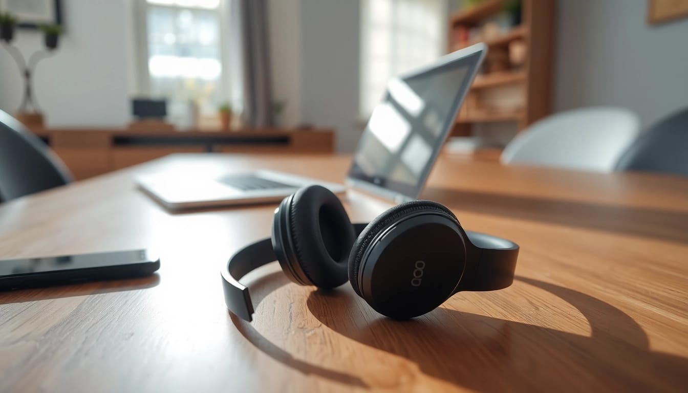 Showcase the Bone X2 Bone Conduction Headphones on a stylish wooden table, blending technology with modern workspace.