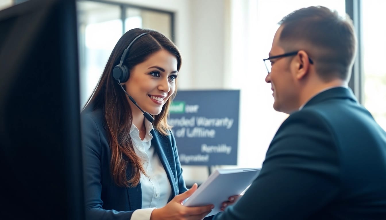 Engaging service representative discussing an extended warranty provider with a client in a modern office setting.