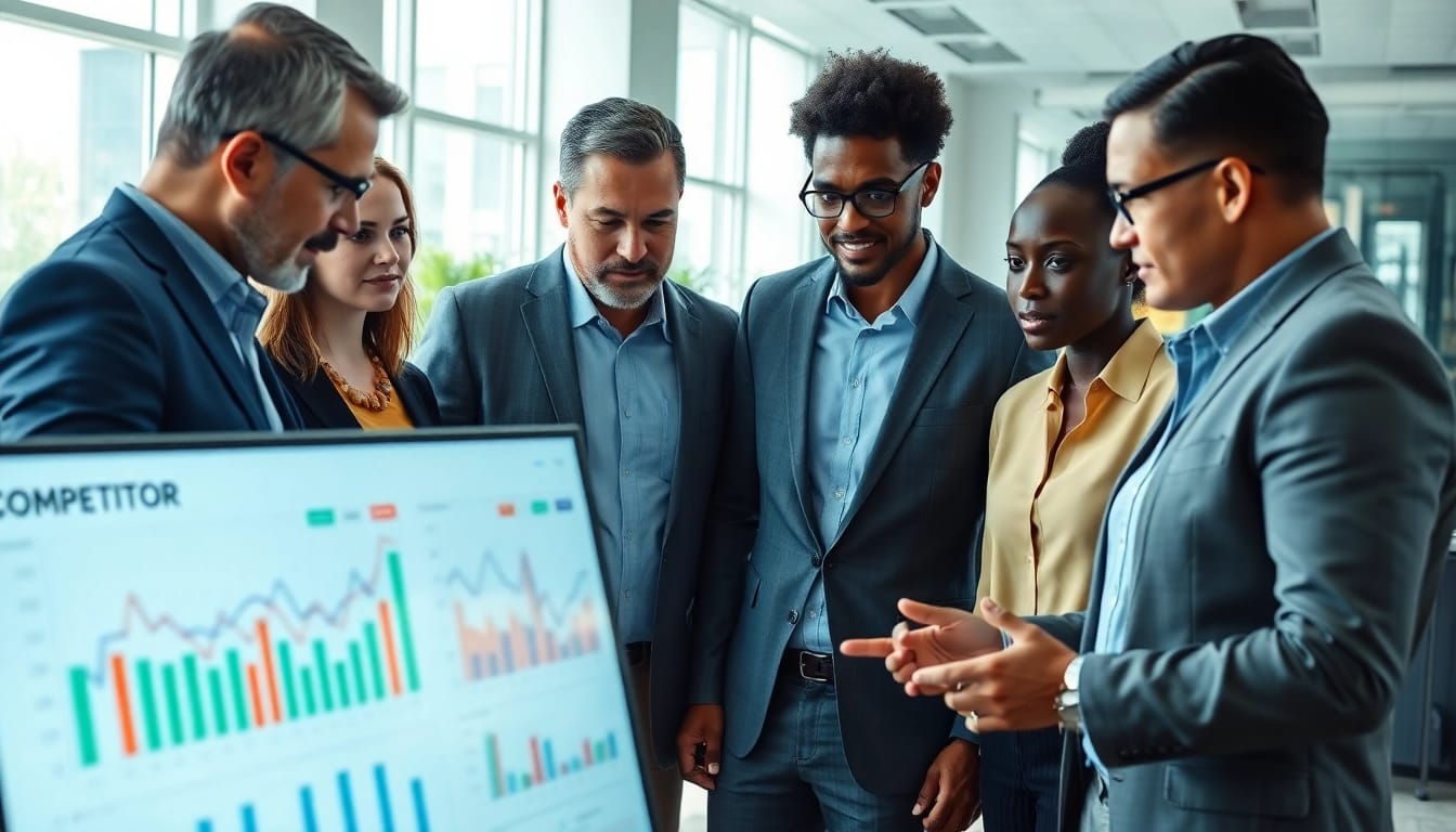 Analyze competitor pricing strategies with professionals collaborating over data.