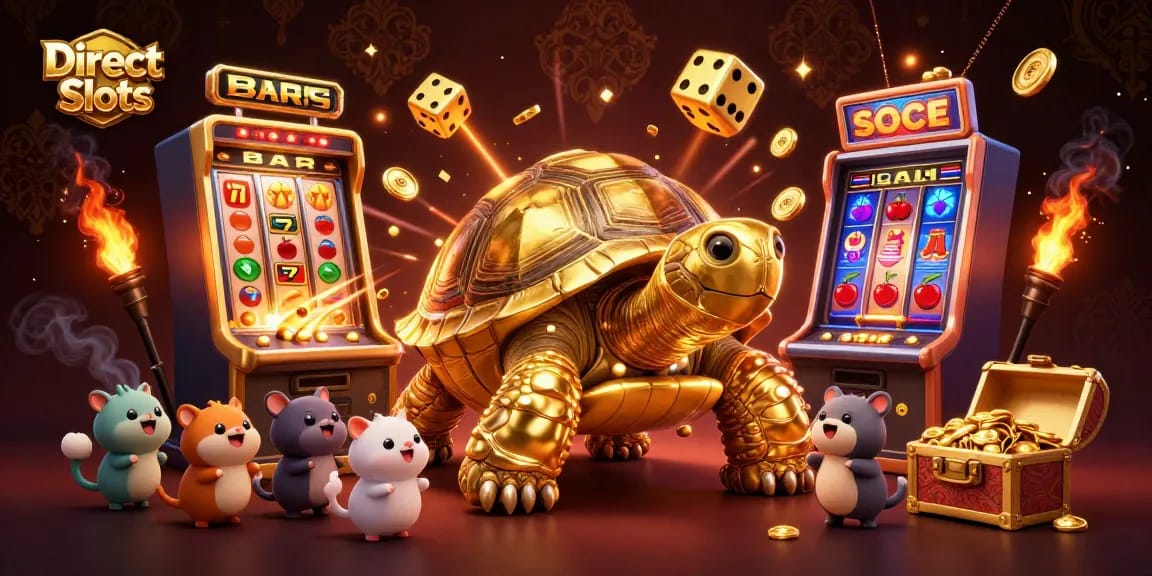 Play thrilling Direct Web Slots with a colossal golden tortoise and vibrant casino elements.