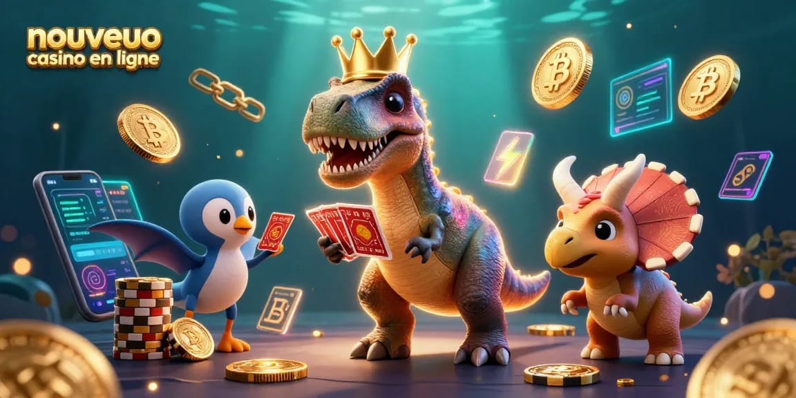 Jouez dans un nouveau casino en ligne avec un T-Rex brillant, des cartes et des jetons d'or.