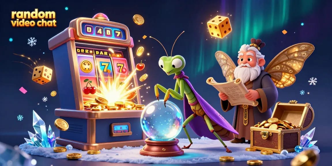 Engage in a random video chat amidst vibrant casino elements and magical characters.