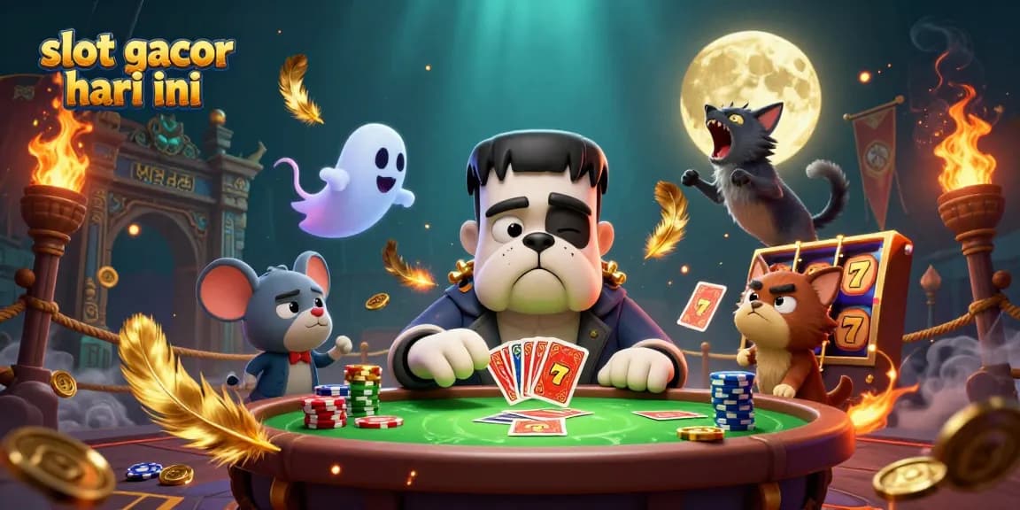 Visualisasi slot gacor hari ini dengan karakter dan elemen kasino yang menarik di latar belakang mistis.
