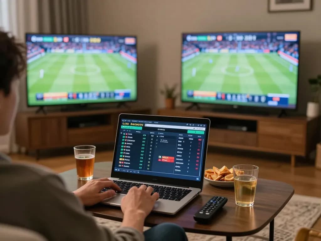 Engaging in sports betting at home via https://vikubet.com/ featuring laptop with live odds and sports games.