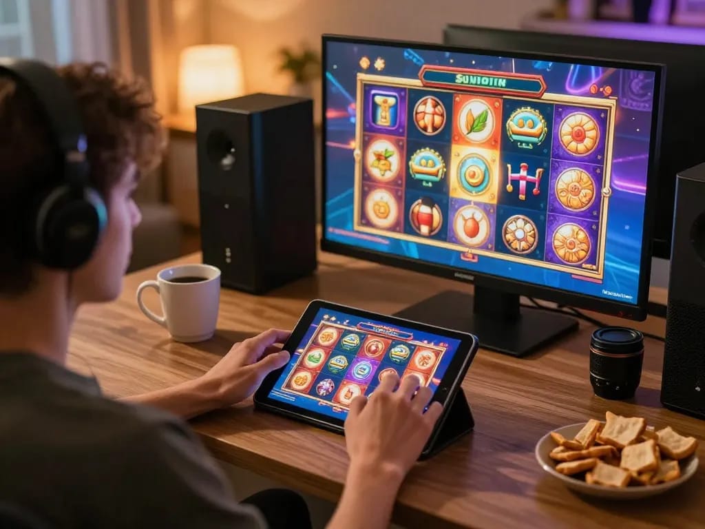 Engage in slot gacor pagi ini with vibrant online gaming setup at home, showcasing strategy and enjoyment