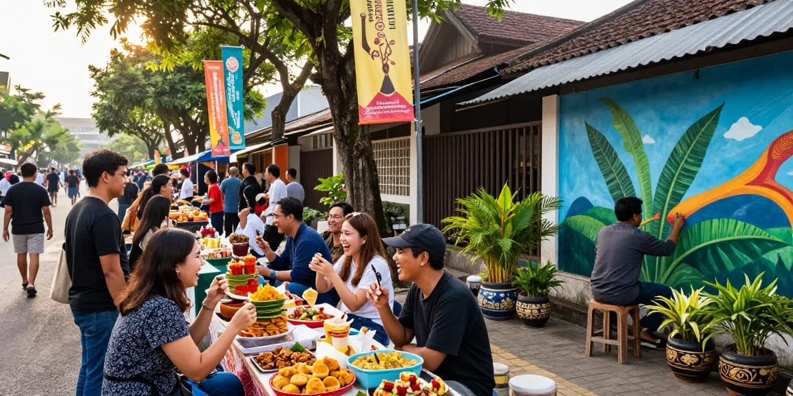 Pasar jalanan yang ramai dengan makanan khas coloksgp dan suasana seru di siang hari.