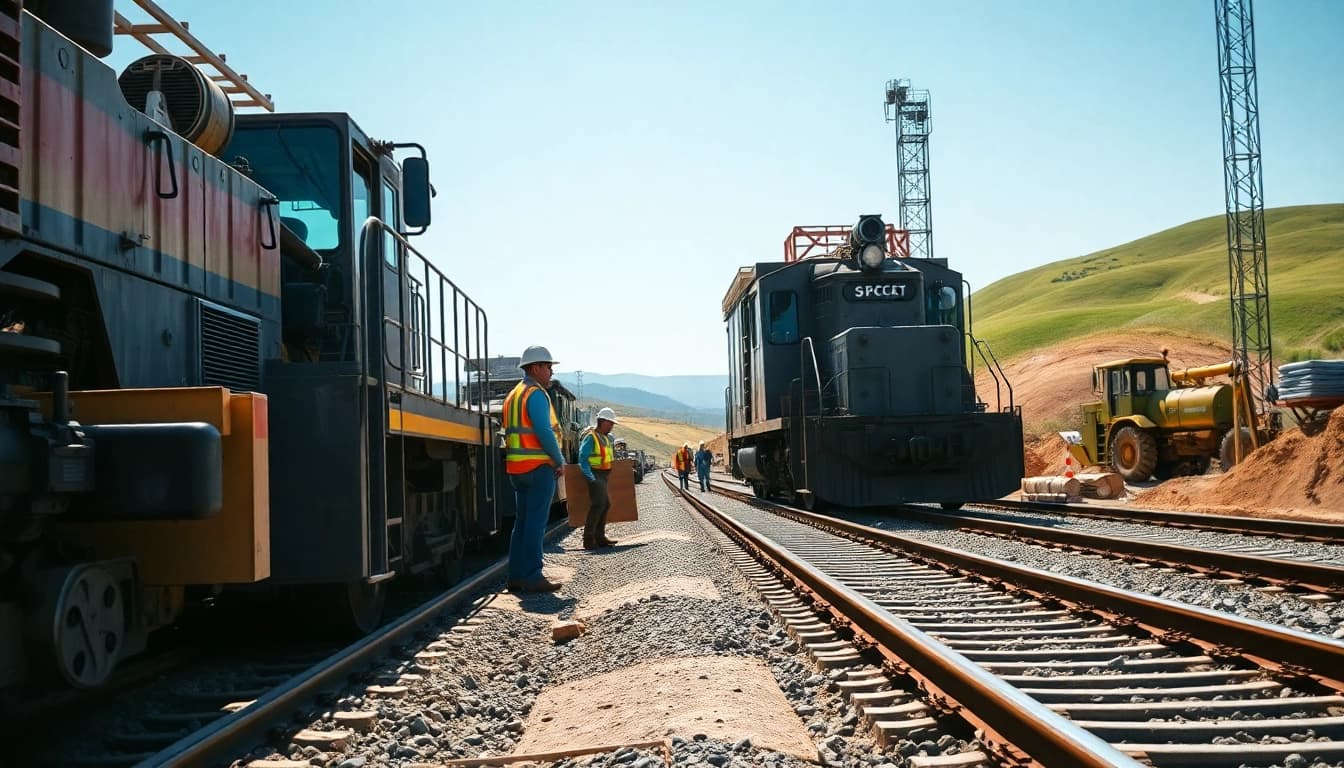 Workers installing tracks during a railroad construction project, emphasizing teamwork and heavy machinery.