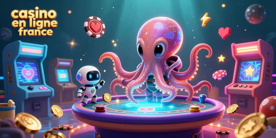 Illustrez le monde vibrant des jeux de casino en ligne France avec un octopus extraterrestre et des éléments futuristes.