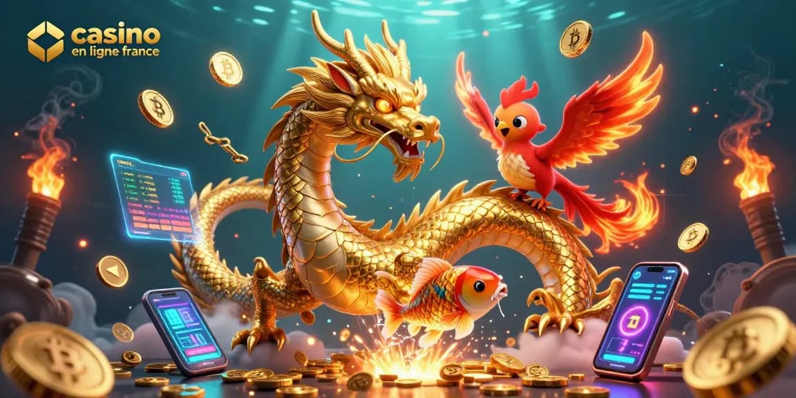 Plongez dans l'univers du casino en ligne France avec un dragon chinois, un phénix et une carpe chanceuse, entourés de pièces crypto.