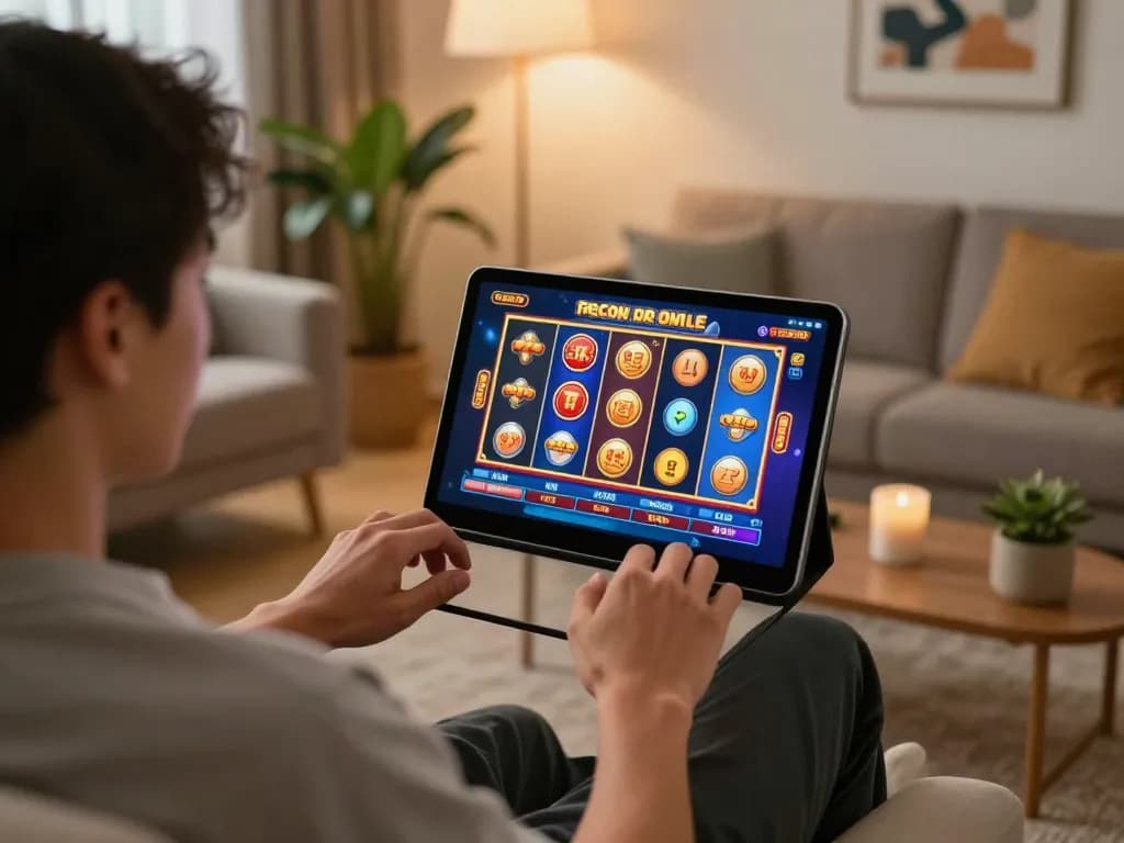 Suasana permainan slot gacor online yang menarik dengan tablet dan gulungan berwarna-warni dalam suasana yang nyaman
