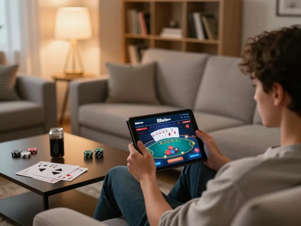 Engaged player strategizing with 58win com casino app on tablet in comfortable home setting.